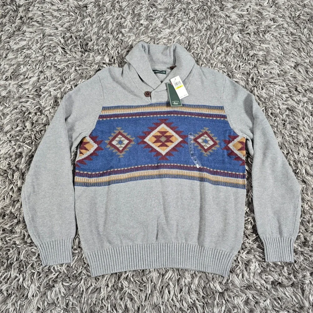 GH Bass Mens Shawl Neck Sweater Gray Southwestern Aztec Cotton Pullover Medium